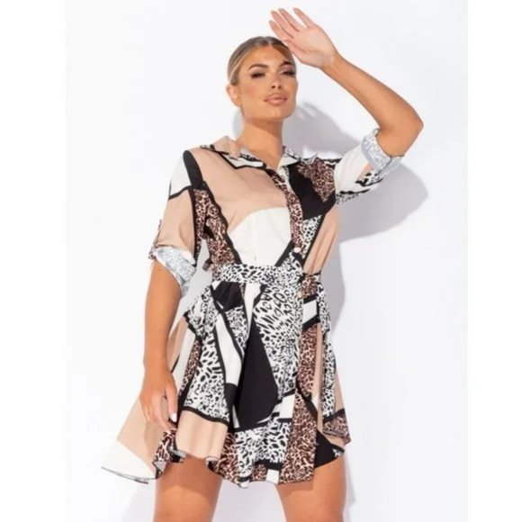 Dresses & Skirts - Leopard Print Abstract Print Long Roll Tab Sleeve Loose Fit Mini Shirt Dress